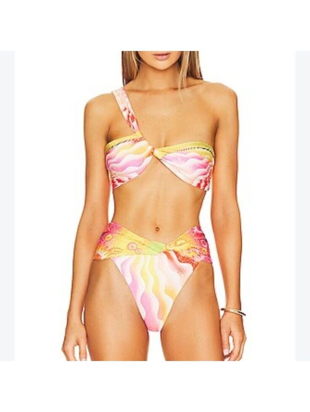 Agua Bendita One Shoulder Bikini Set Wave Floral Print Vacation Top M Bottom S